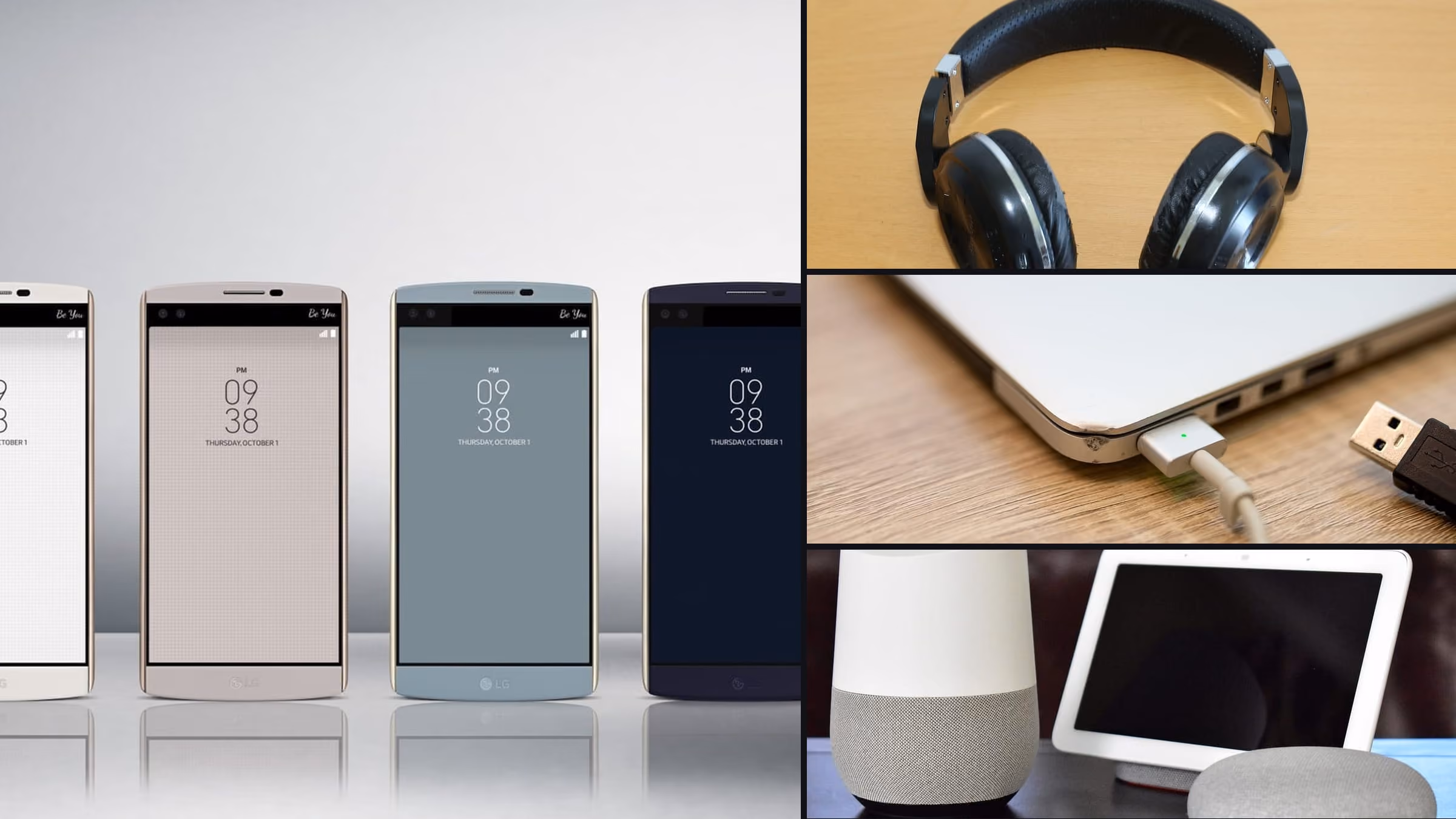 A banner of four photographs: four smartphones in a row, a pair of headphones, a laptop charging cable and a smart speaker with a tablet