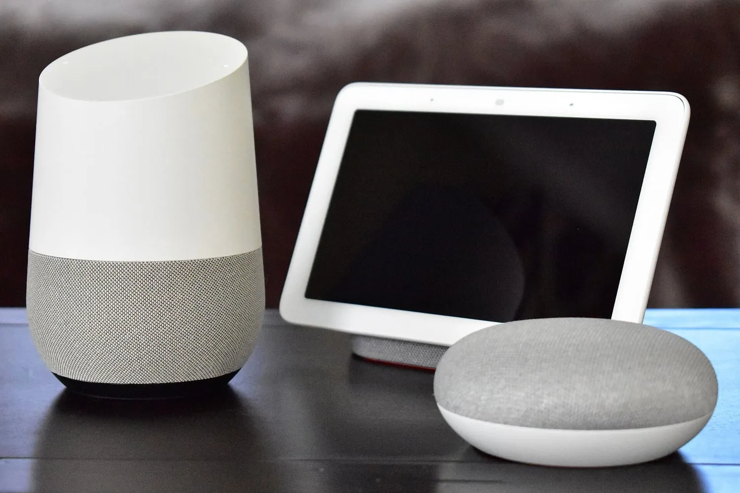 Smart home devices arranged together on a shelf